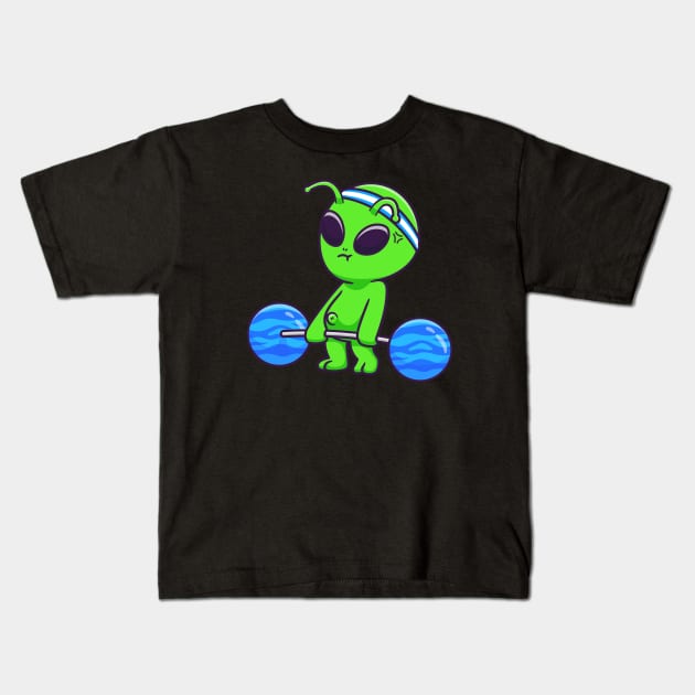 Cute Alien Lifting Planet Barbell Cartoon Kids T-Shirt by Catalyst Labs